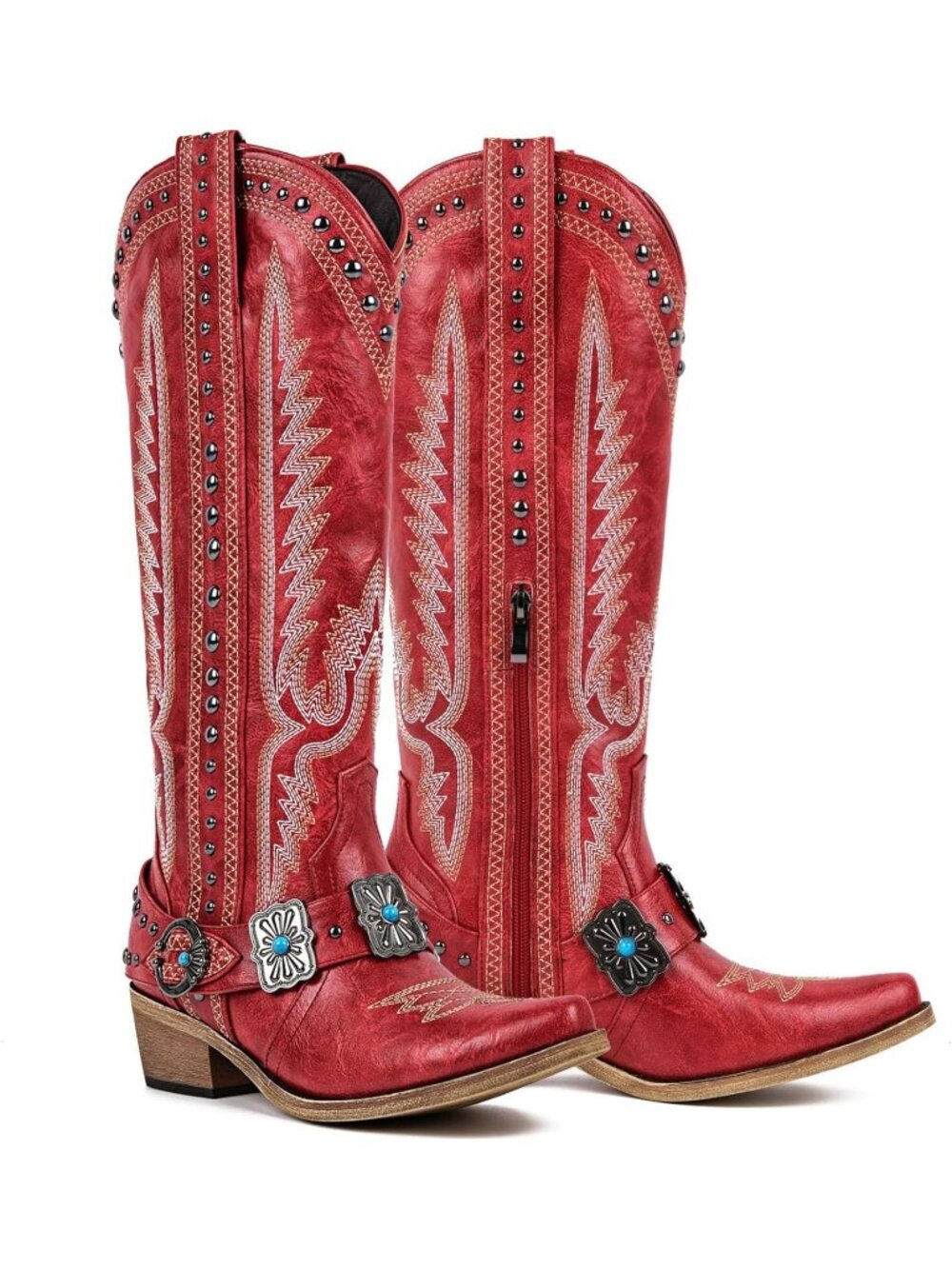 Women's Knee High Western Cowgirl Boots Red with Embroidery Belt Buckle Chains